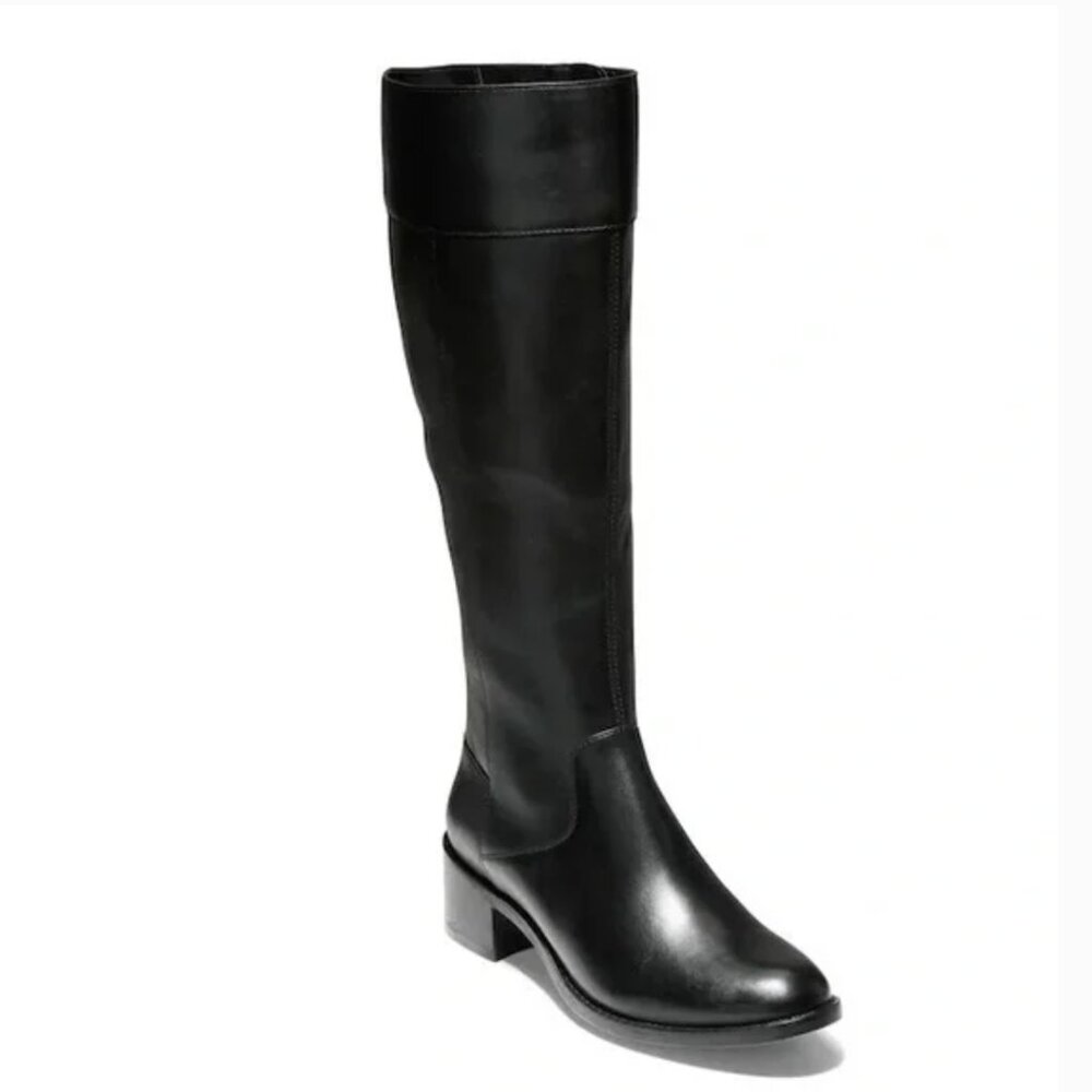 Cole Haan Cora Women’s Black Leather Full Zip Riding Boots with Heel, Size 9.5B